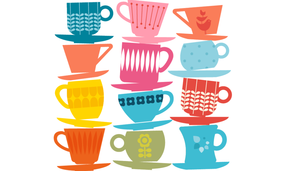 colourful cups and saucers stacked in three rows