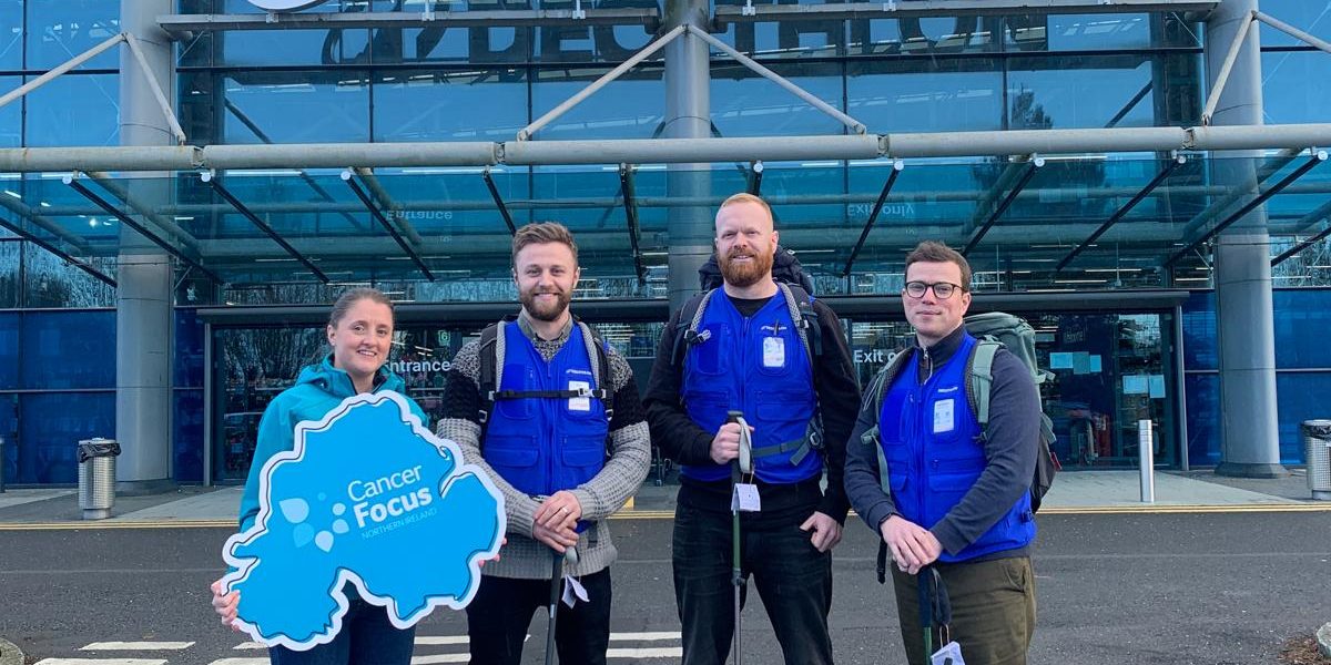 L to R. Gillian Clarke (Cancer Focus NI Outdoor Events Officer) and Decathlon’s Ben Coard (Assistant Store Manager), Lee Aston (Mountain Sport Manager), Matthew Ferguson (Communication Manager)