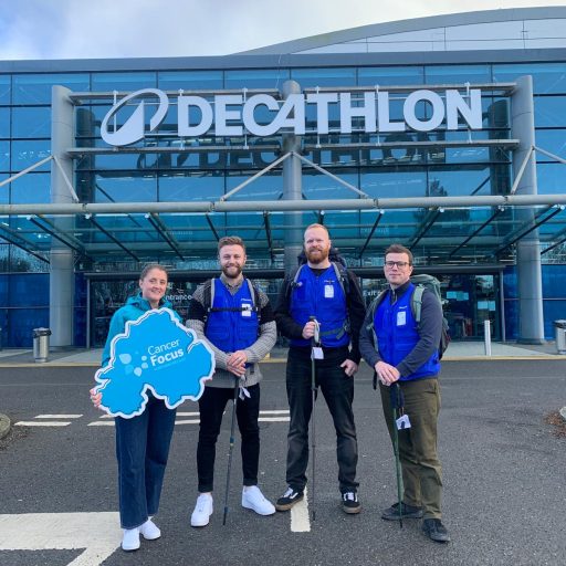 L to R. Gillian Clarke (Cancer Focus NI Outdoor Events Officer) and Decathlon’s Ben Coard (Assistant Store Manager), Lee Aston (Mountain Sport Manager), Matthew Ferguson (Communication Manager)